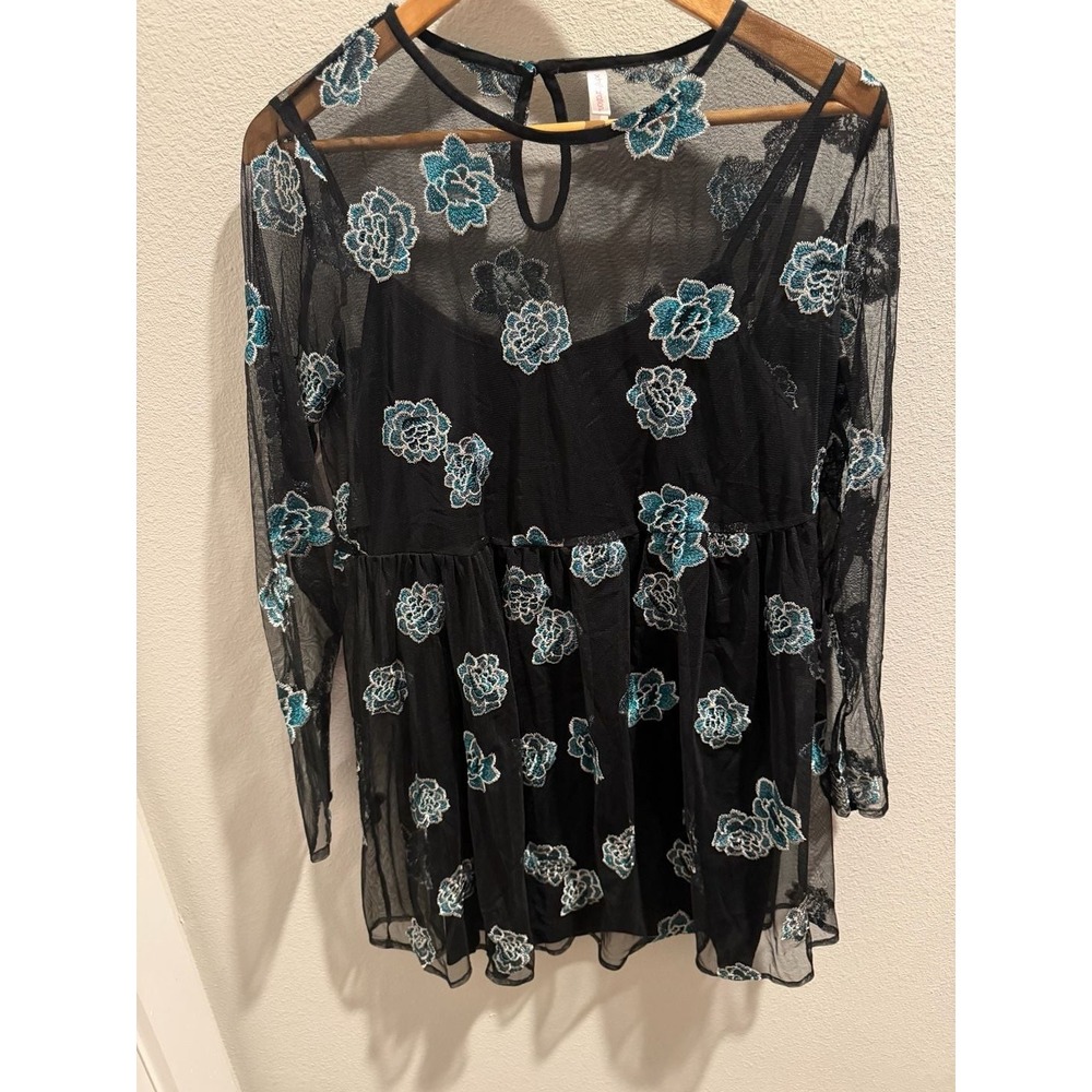 Xhilaration Floral Embroidered Mesh Long Sleeve Dress Size L